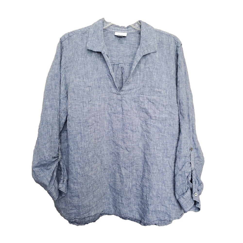J Jill Love Linen Blue 100% Linen Johnny Collar Roll-Tab Sleeve Tunic Size 2X